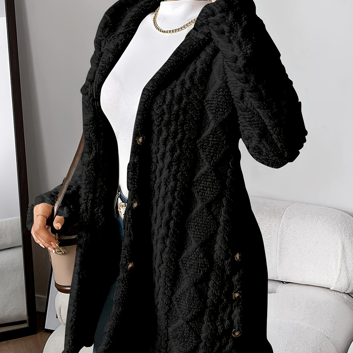 Rebecca | Women Hooded Textured Longline Button Cardigan