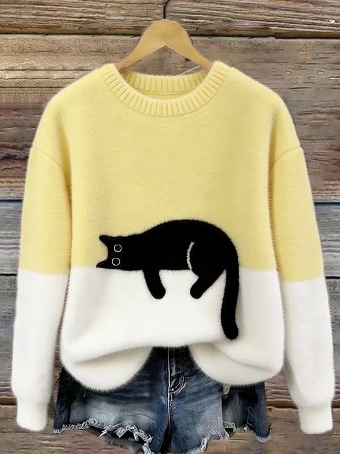 Amelia | Women Cat Graphic Color Block Crewneck Sweater