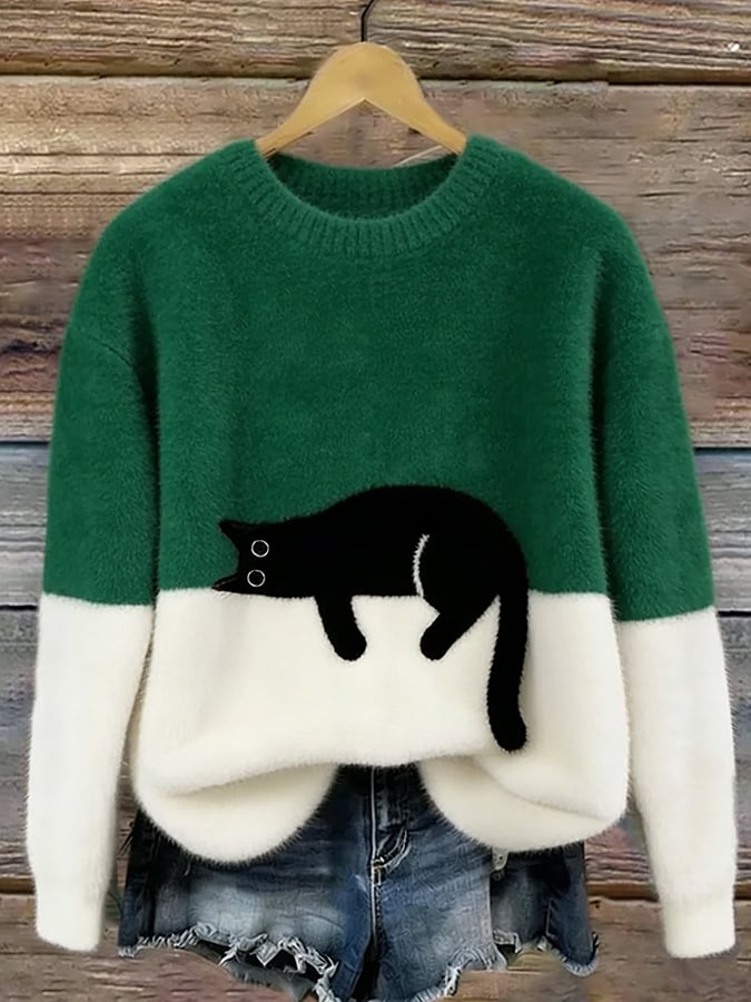 Amelia | Women Cat Graphic Color Block Crewneck Sweater