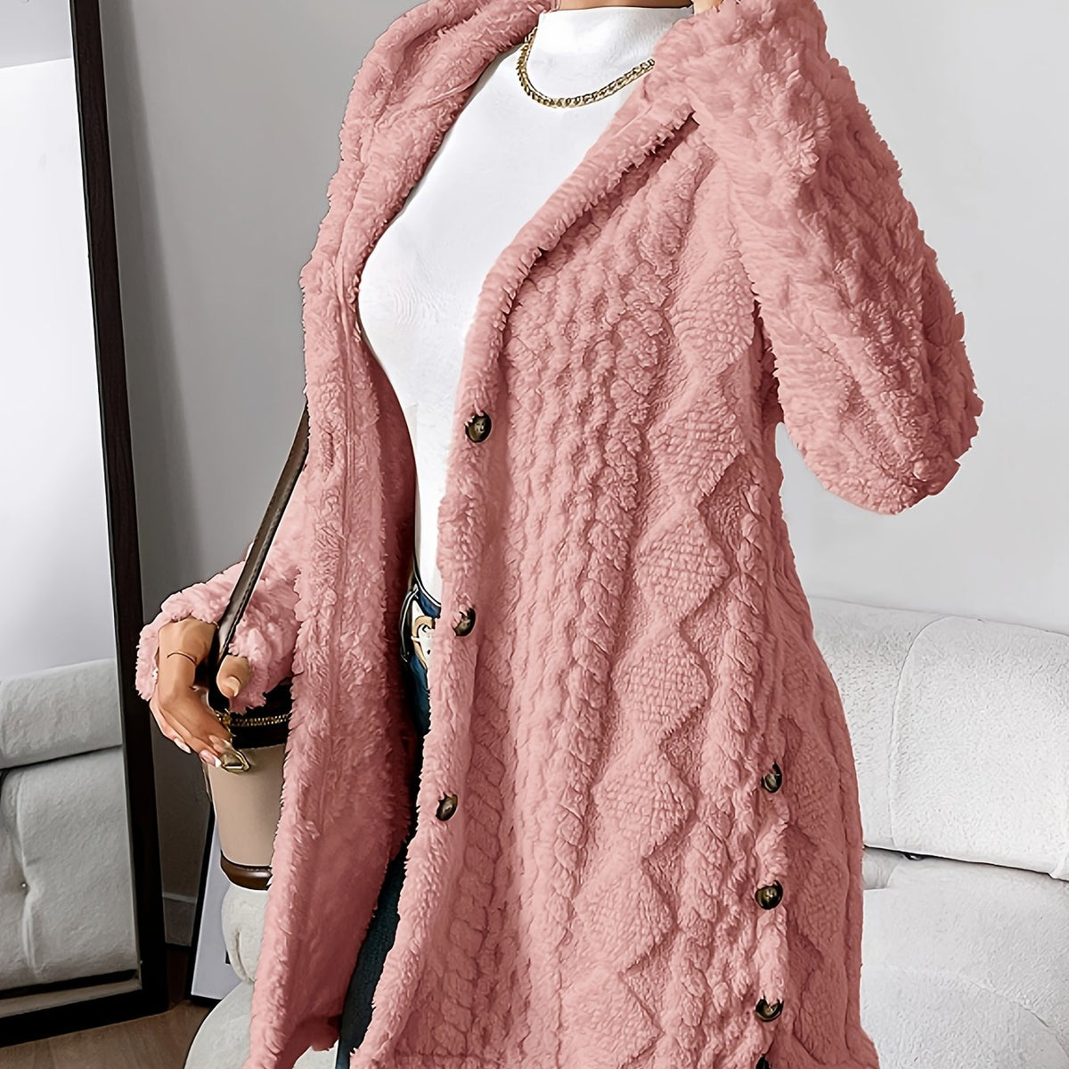 Rebecca | Women Hooded Textured Longline Button Cardigan