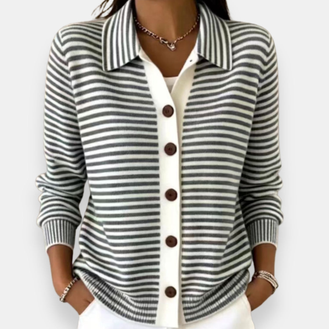 Cecilia | Women Green Striped Button Front Cardigan