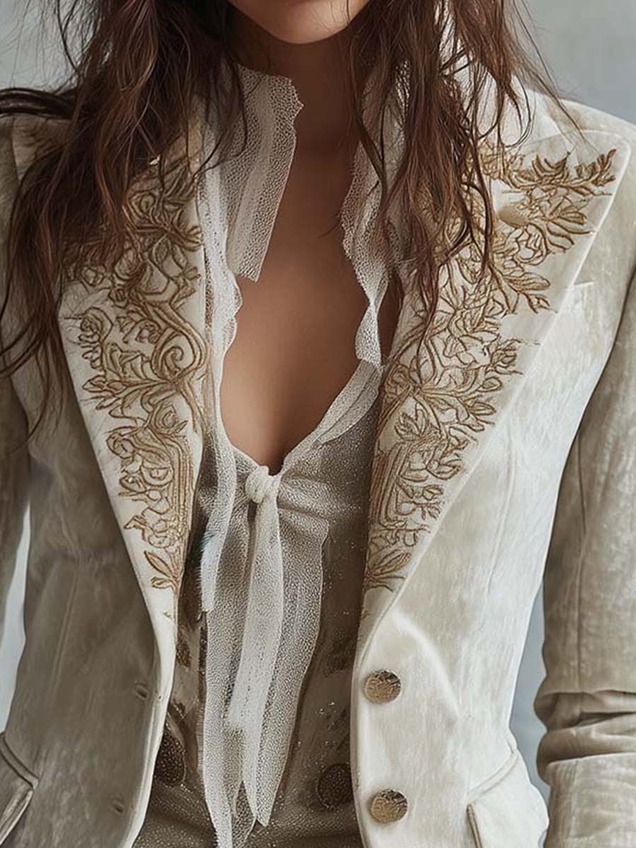 Vivian | Women Embroidered Cuff Lapel Button Blazer