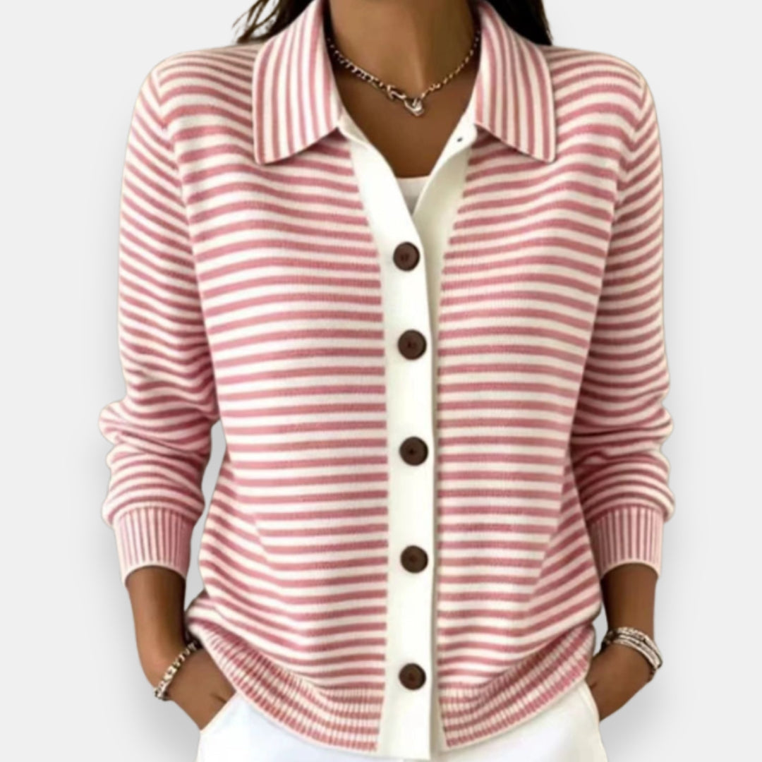 Cecilia | Women Green Striped Button Front Cardigan