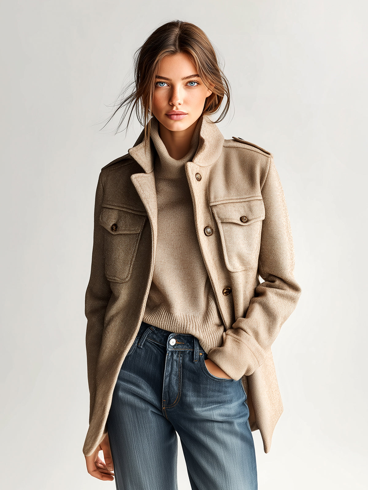 Harlow | Vintage Casual Khaki Wool Blend Stand Collar Epaulet Multi Pocket Short Coat