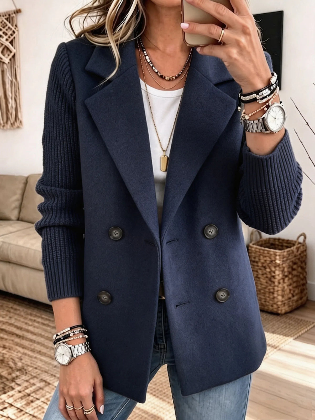 Sylvia | Double Breasted Knit Sleeve Blazer