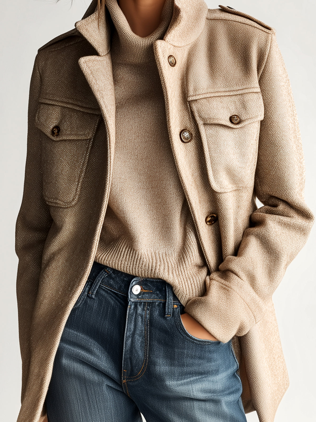 Harlow | Vintage Casual Khaki Wool Blend Stand Collar Epaulet Multi Pocket Short Coat