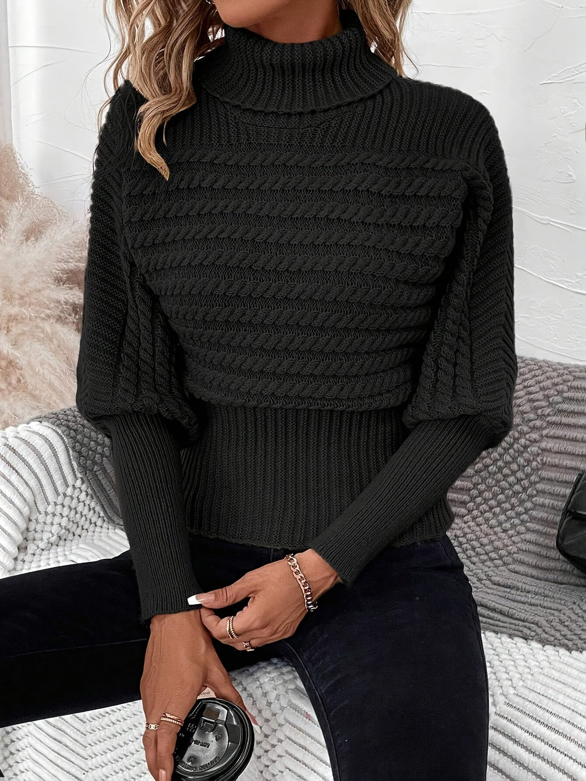 Megan | Textured Cable Knit Turtleneck Sweater