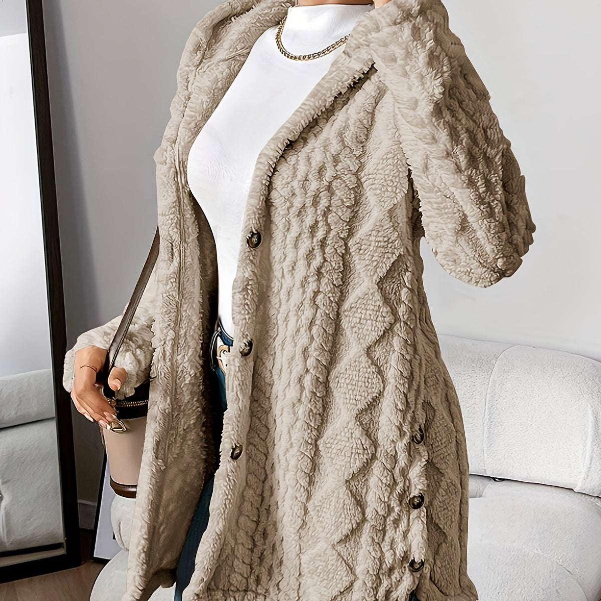 Rebecca | Women Hooded Textured Longline Button Cardigan