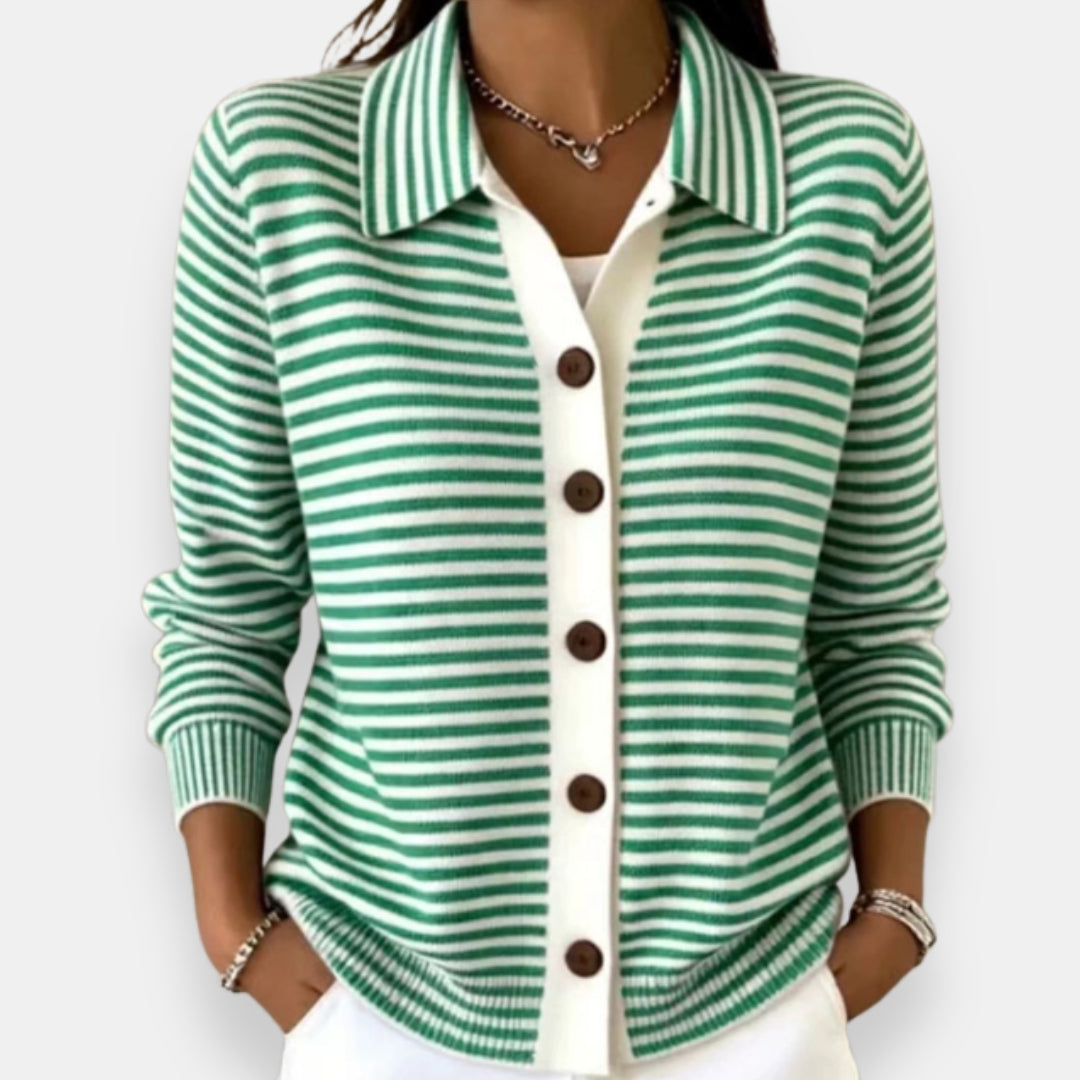 Cecilia | Women Green Striped Button Front Cardigan