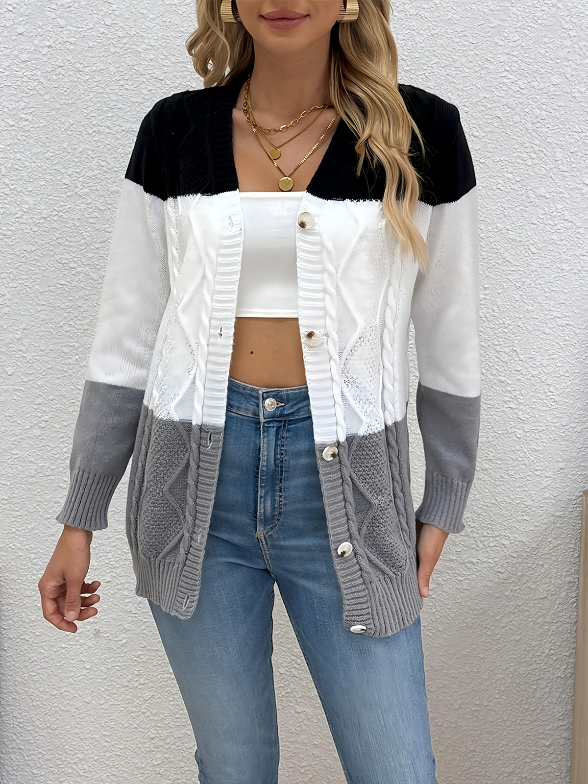 Diana | Women Color Block Button Front Textured Cardigan