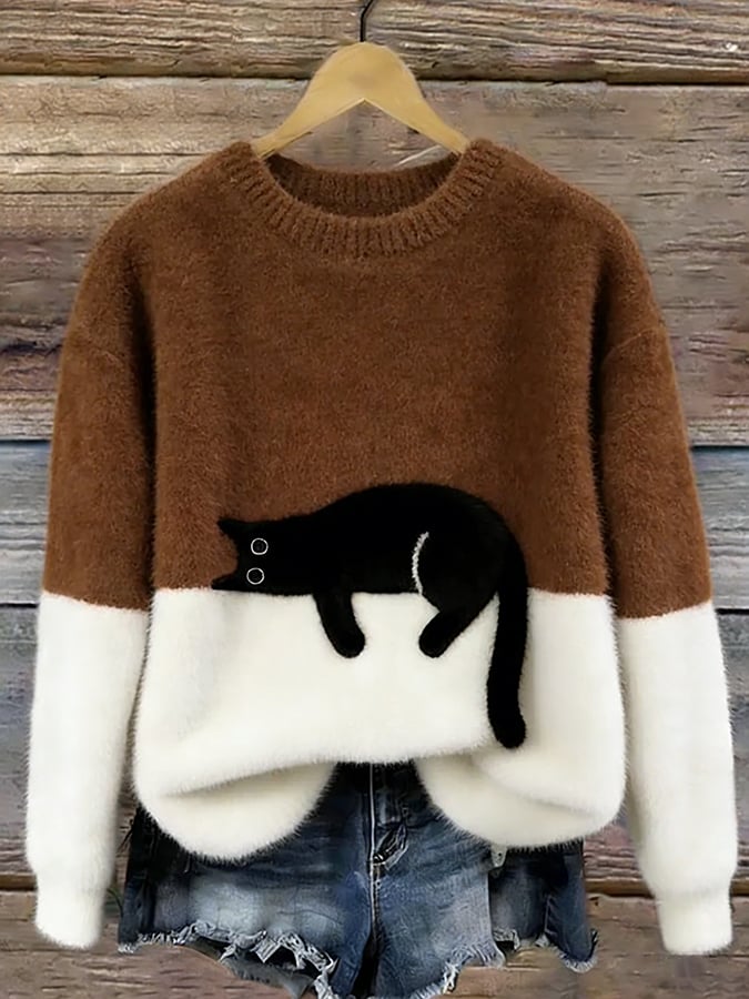 Amelia | Women Cat Graphic Color Block Crewneck Sweater