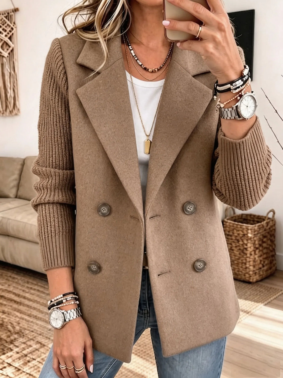 Sylvia | Double Breasted Knit Sleeve Blazer