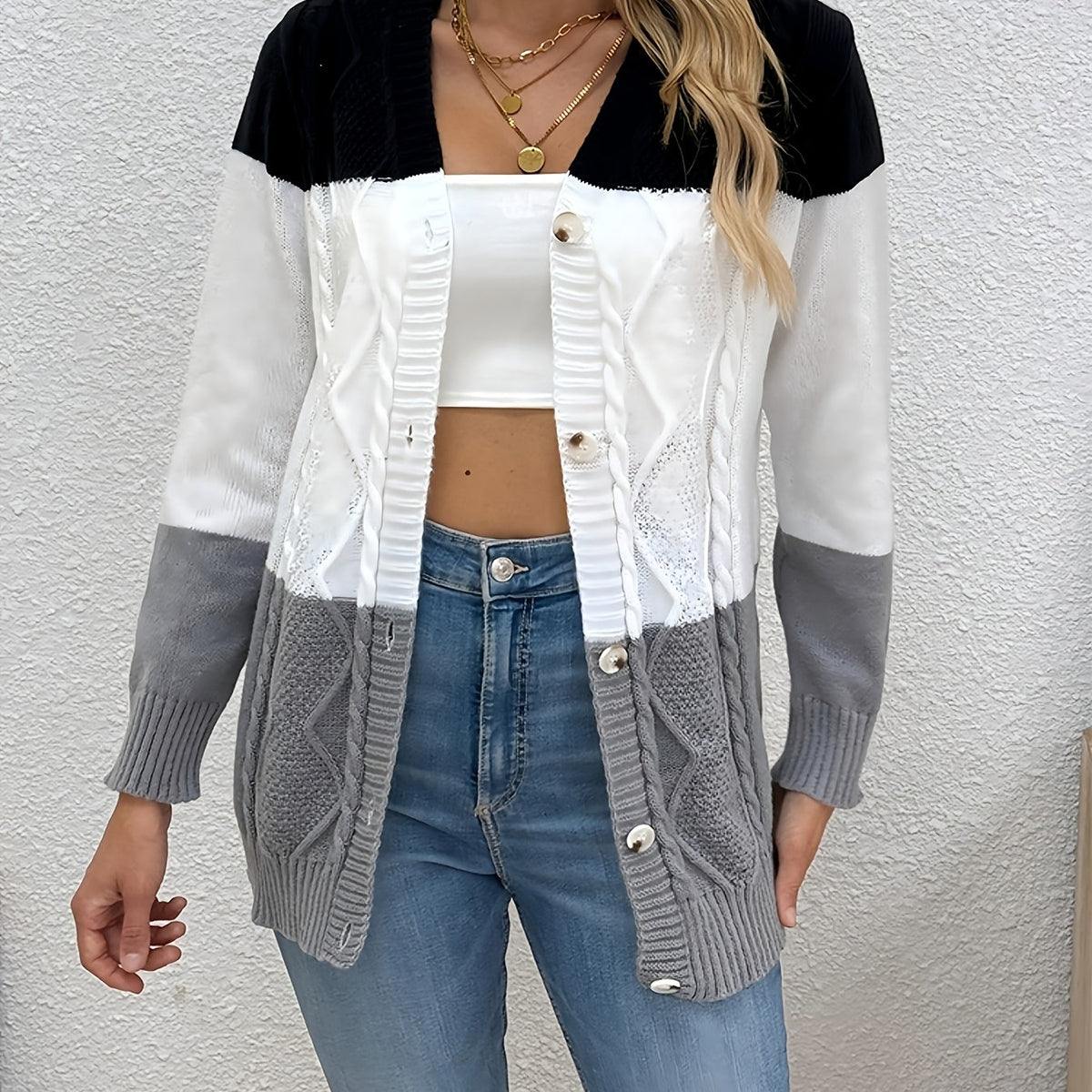 Diana | Women Color Block Button Front Textured Cardigan