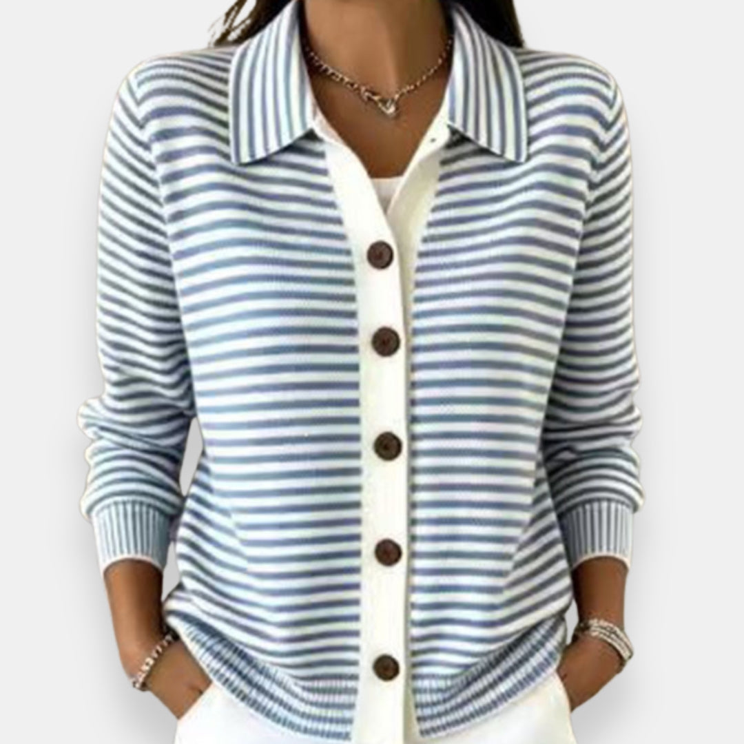 Cecilia | Women Green Striped Button Front Cardigan