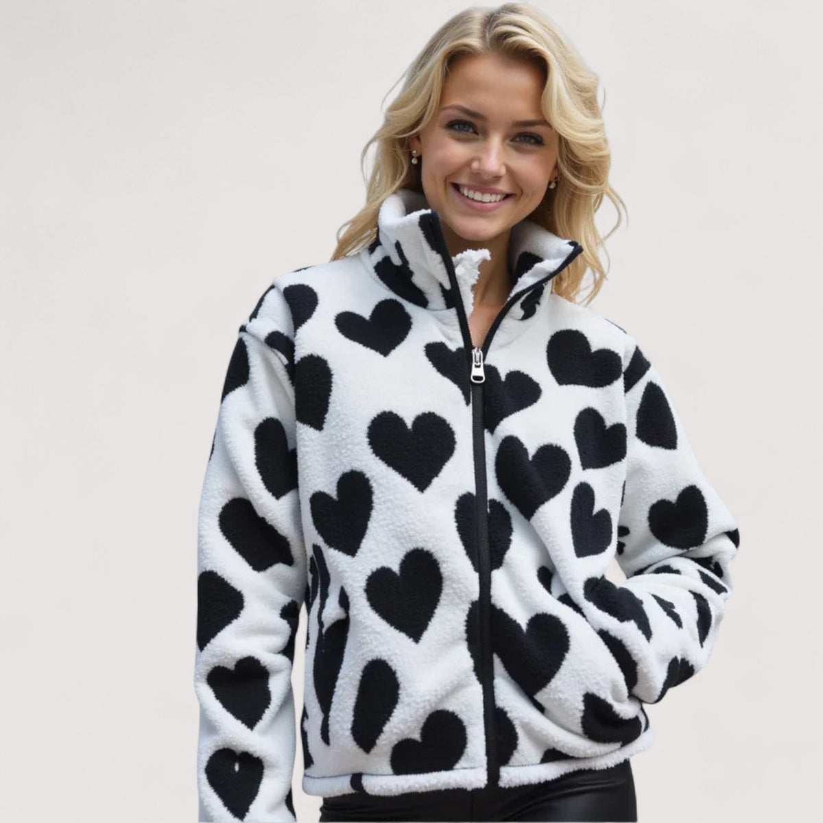 Natalie | Women Heart Print Hooded Zip Front Jacket
