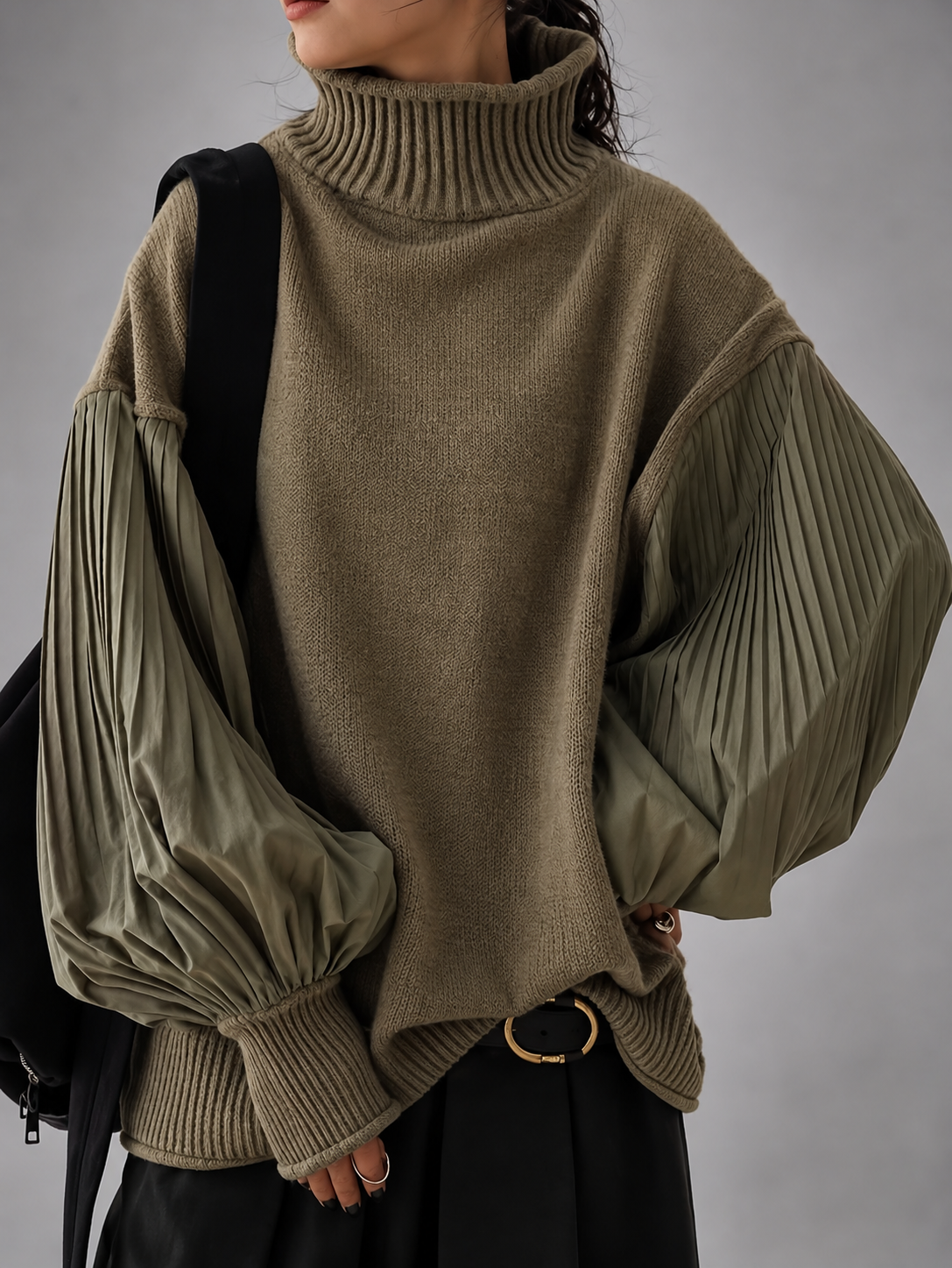 Nancy | Pleated Sleeve Turtleneck Knit Sweater