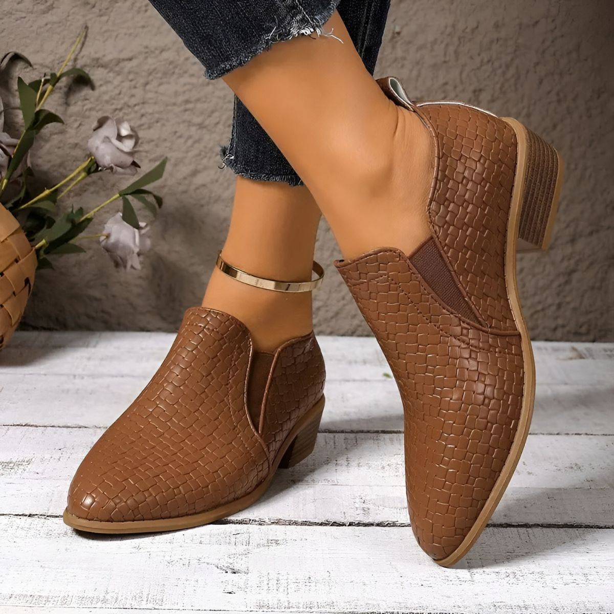 Elaine | Woven Pattern Ankle Boots