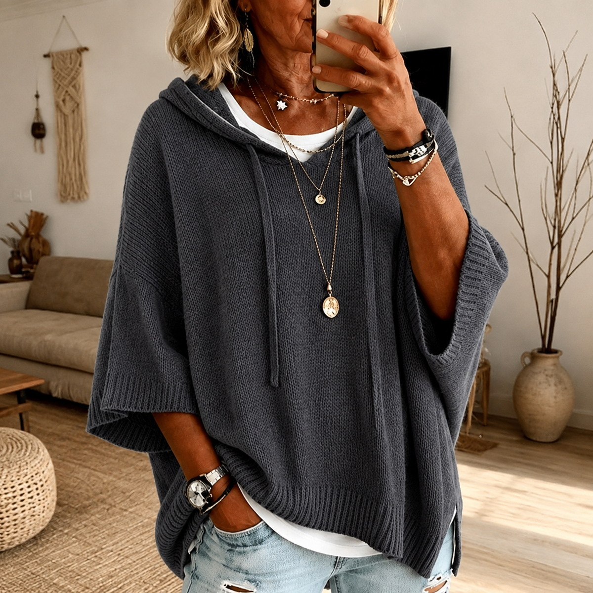 Aimee | Drawstring Hooded Knit Poncho
