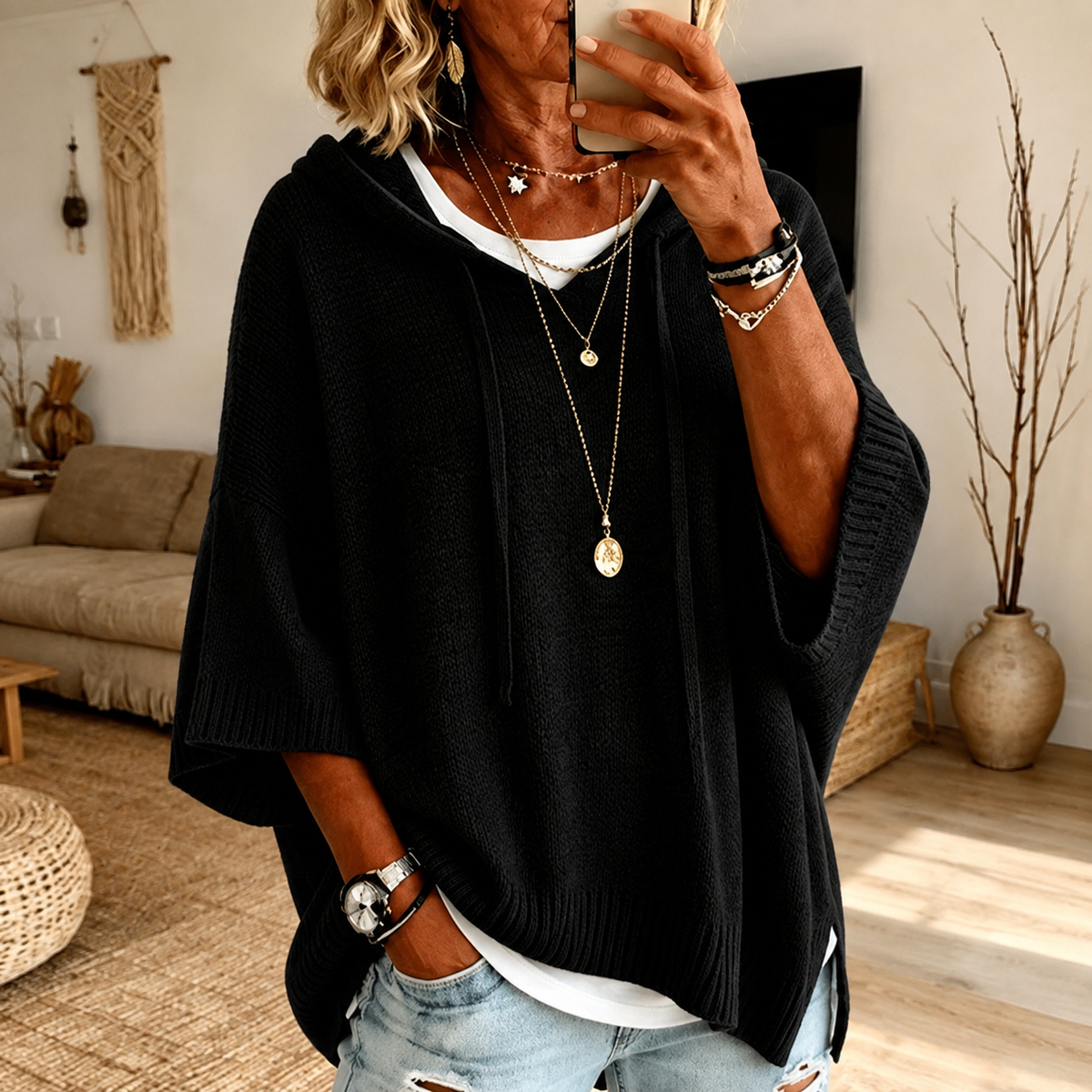 Antonia | Hooded Batwing Knitted Poncho