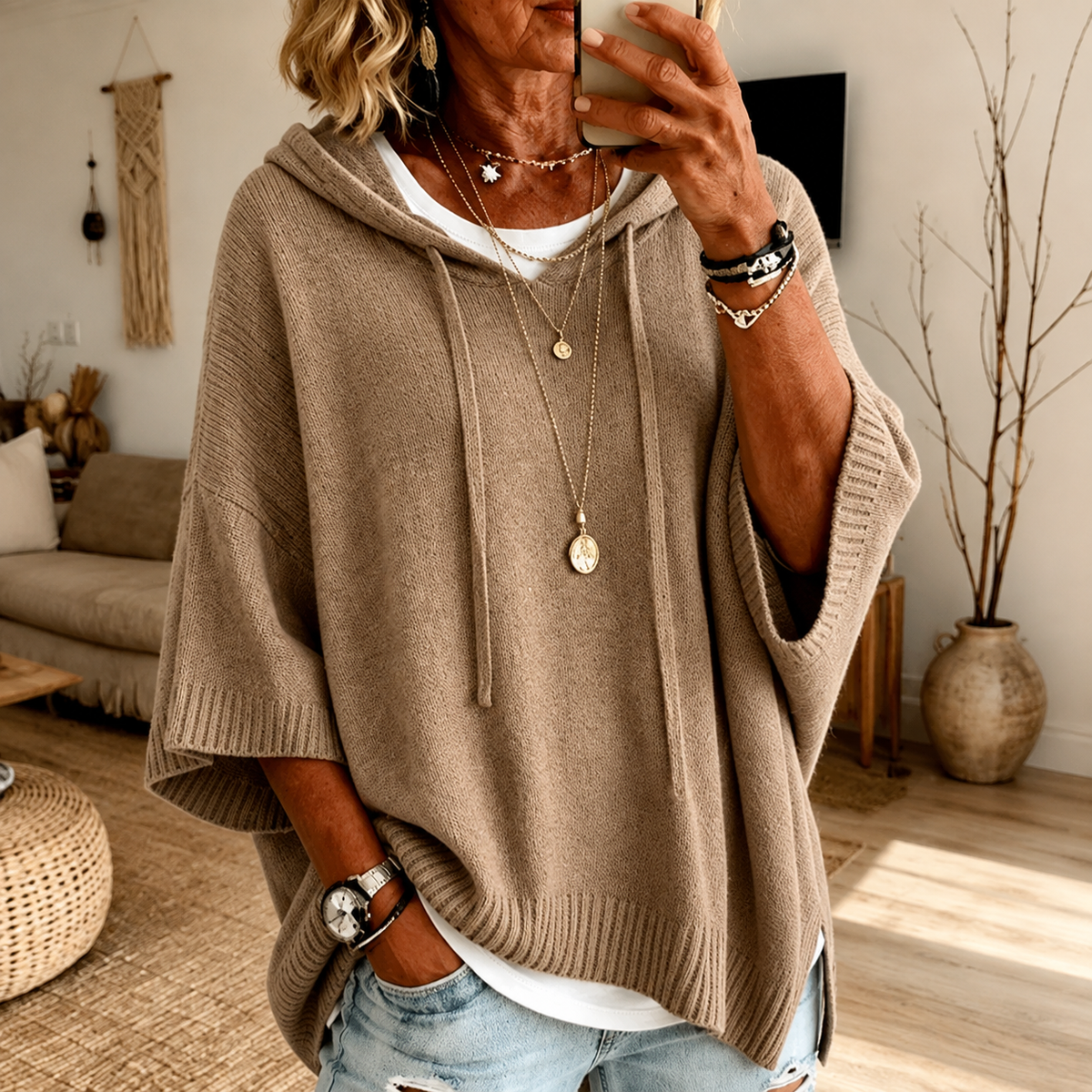 Zoe | Drawstring Hooded Knitted Poncho