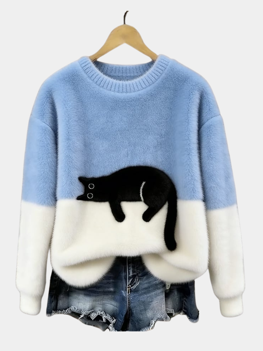 Amelia | Women Cat Graphic Color Block Crewneck Sweater