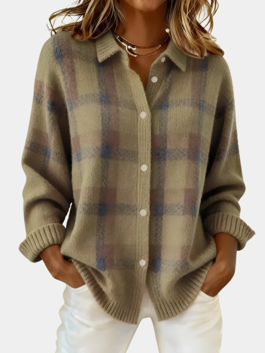 Emma | Women Plaid Button Front Collared Cardigan