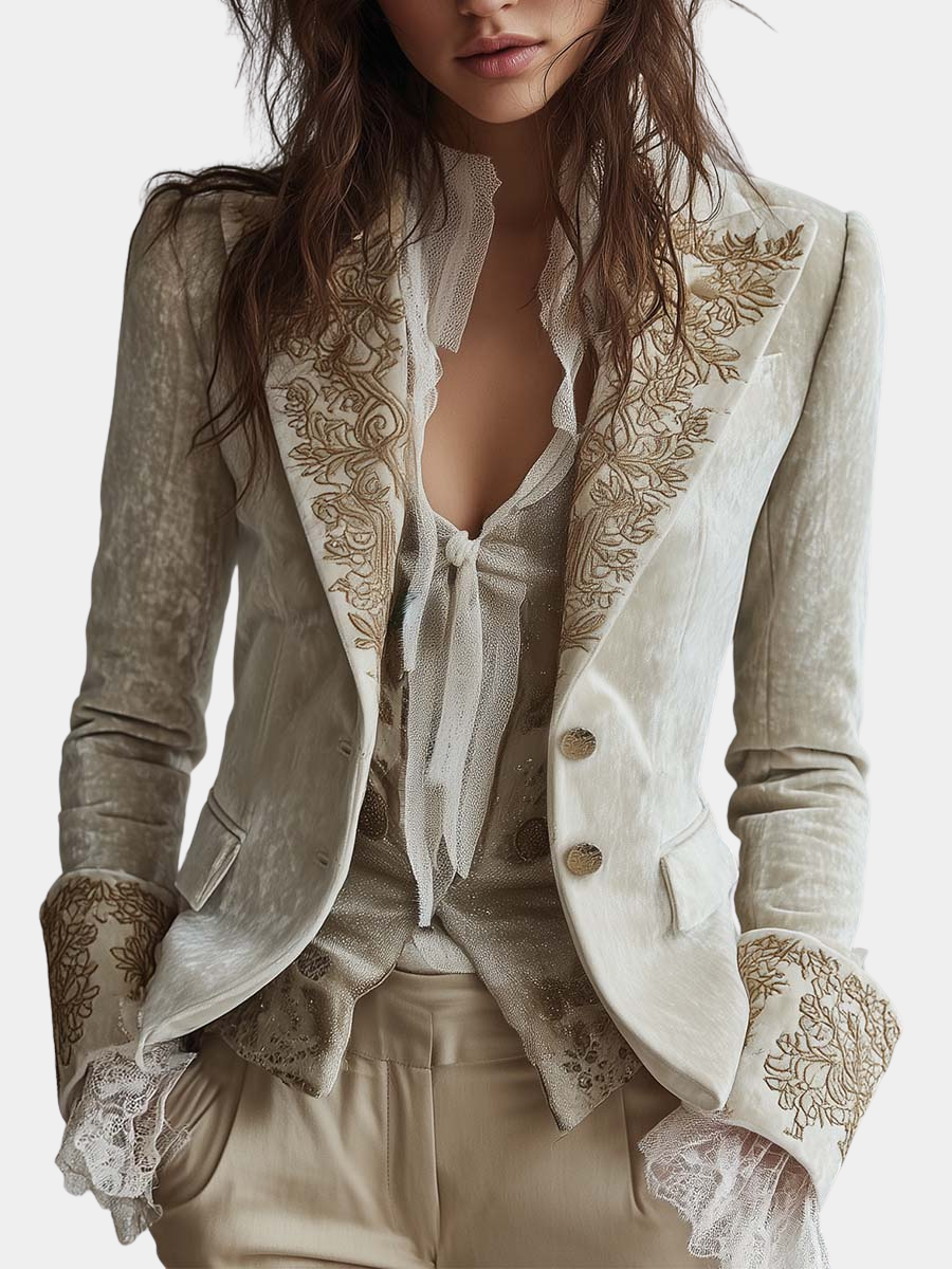 Vivian | Women Embroidered Cuff Lapel Button Blazer