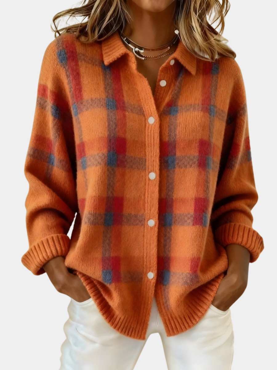 Amelia | Women Plaid Button Front Collared Cardigan
