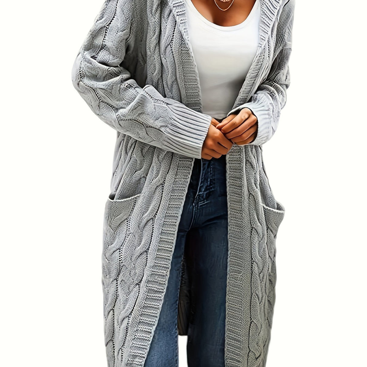 Audrey | Women Longline Cable Knit Hooded Cardigan