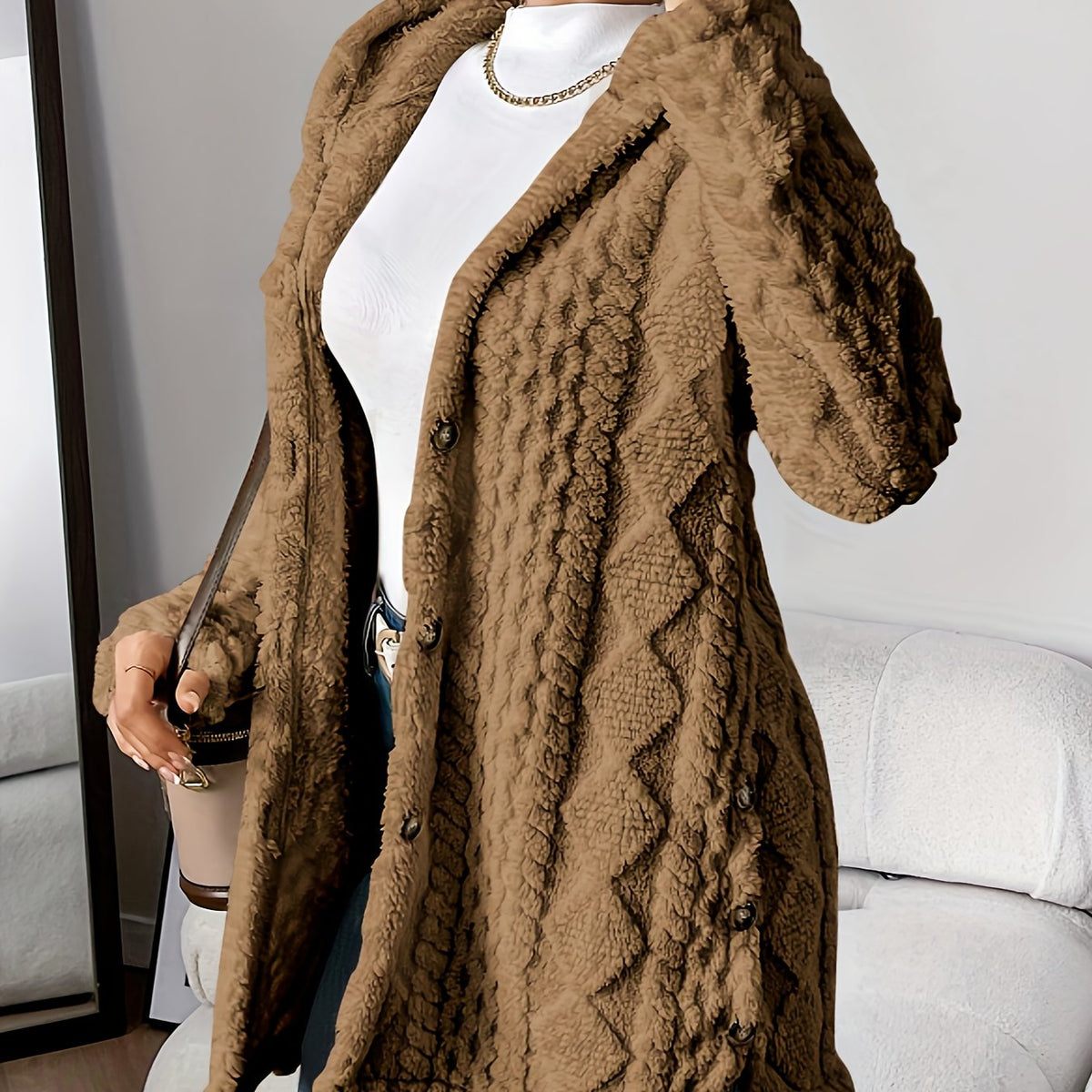 Rebecca | Women Hooded Textured Longline Button Cardigan