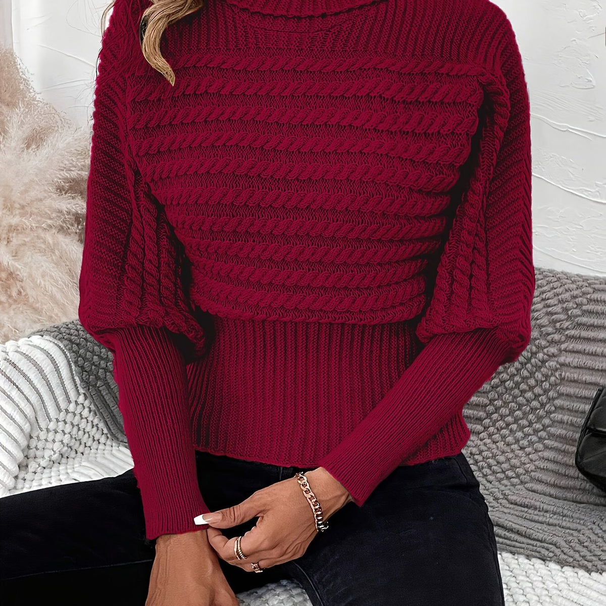 Megan | Textured Cable Knit Turtleneck Sweater