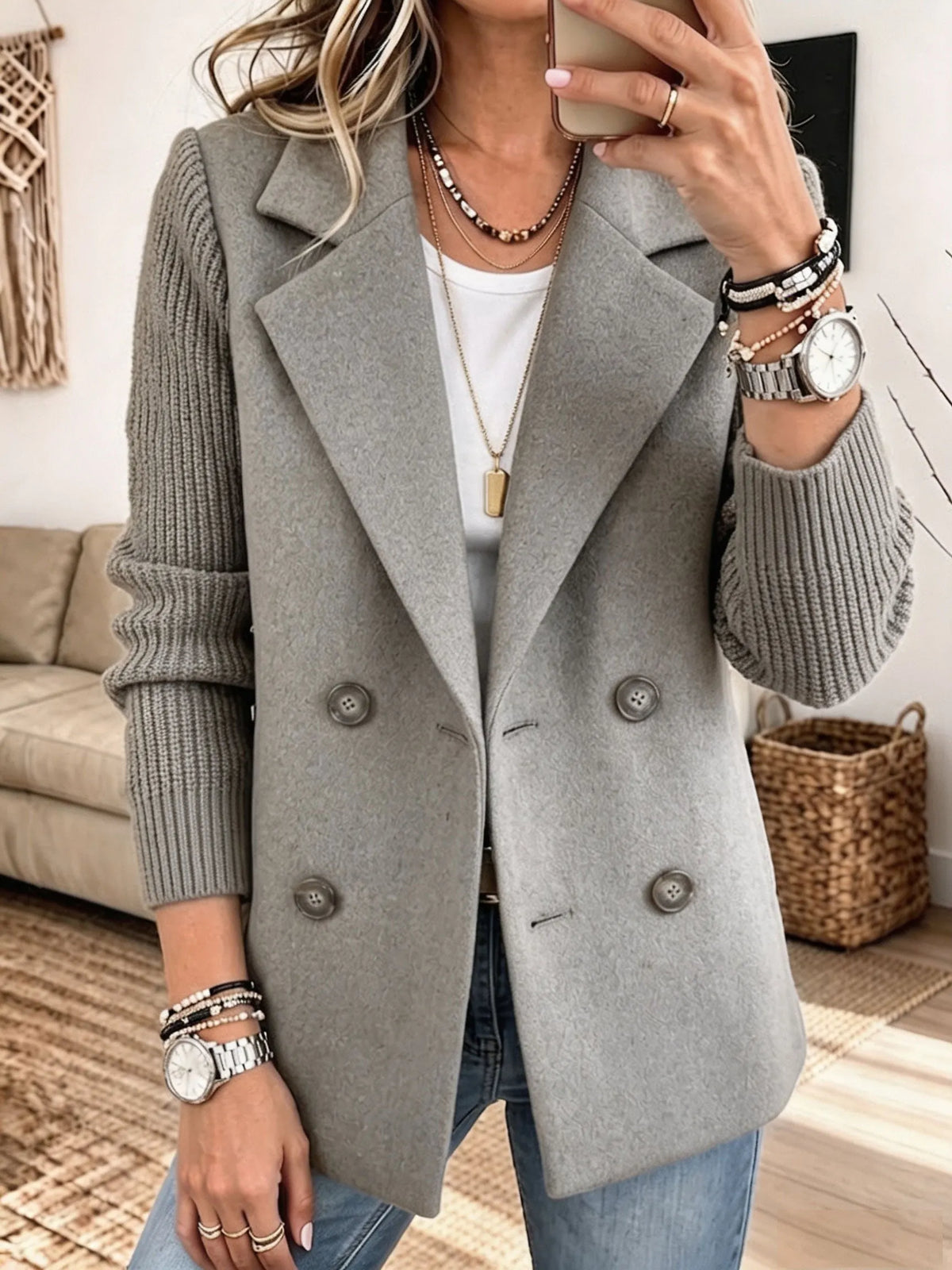 Sylvia | Double Breasted Knit Sleeve Blazer