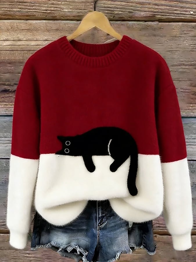 Amelia | Women Cat Graphic Color Block Crewneck Sweater