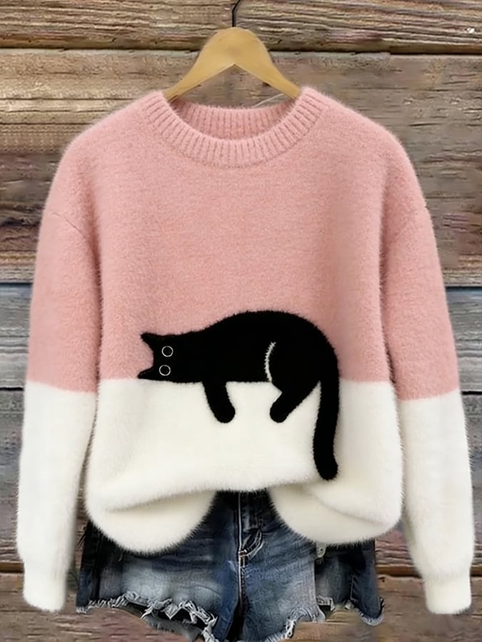 Amelia | Women Cat Graphic Color Block Crewneck Sweater