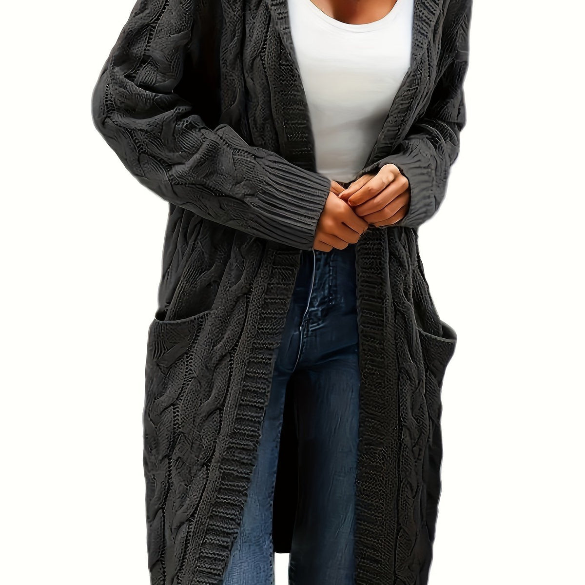 Audrey | Women Longline Cable Knit Hooded Cardigan