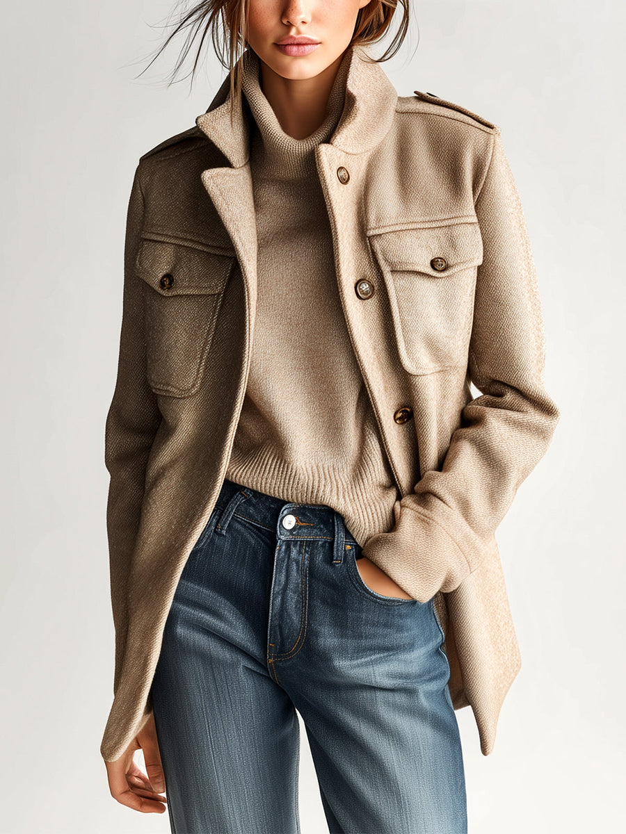 Harlow | Vintage Casual Khaki Wool Blend Stand Collar Epaulet Multi Pocket Short Coat