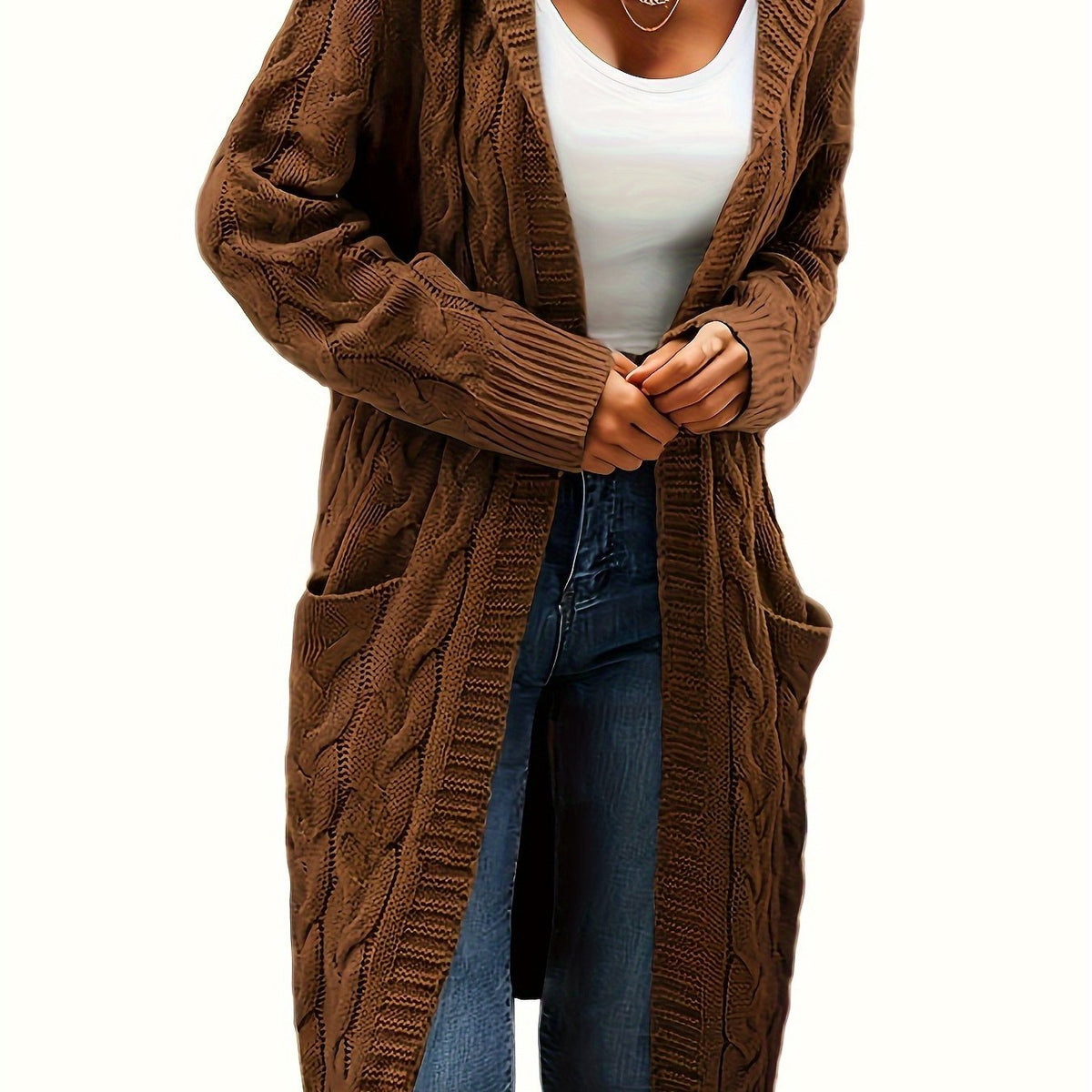 Audrey | Women Longline Cable Knit Hooded Cardigan