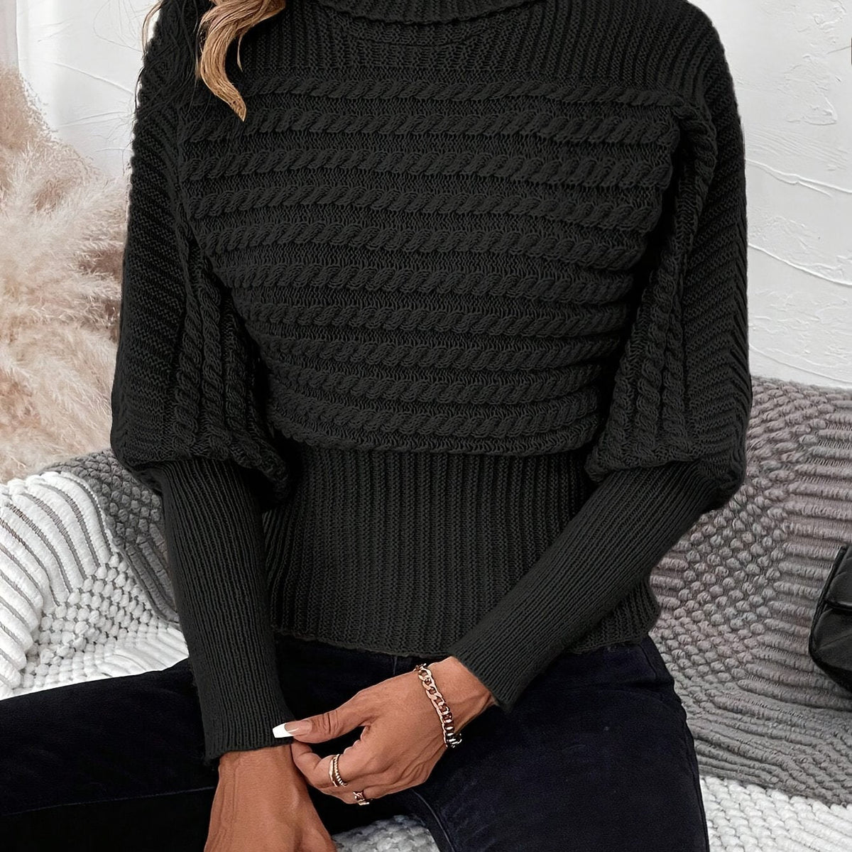 Megan | Textured Cable Knit Turtleneck Sweater