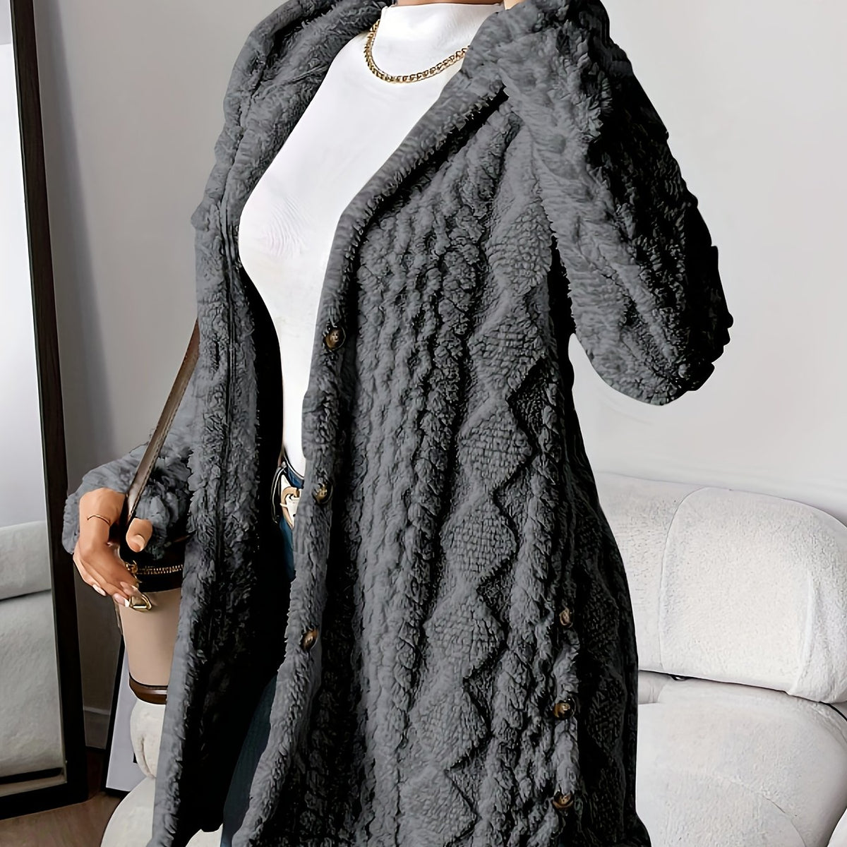 Rebecca | Women Hooded Textured Longline Button Cardigan
