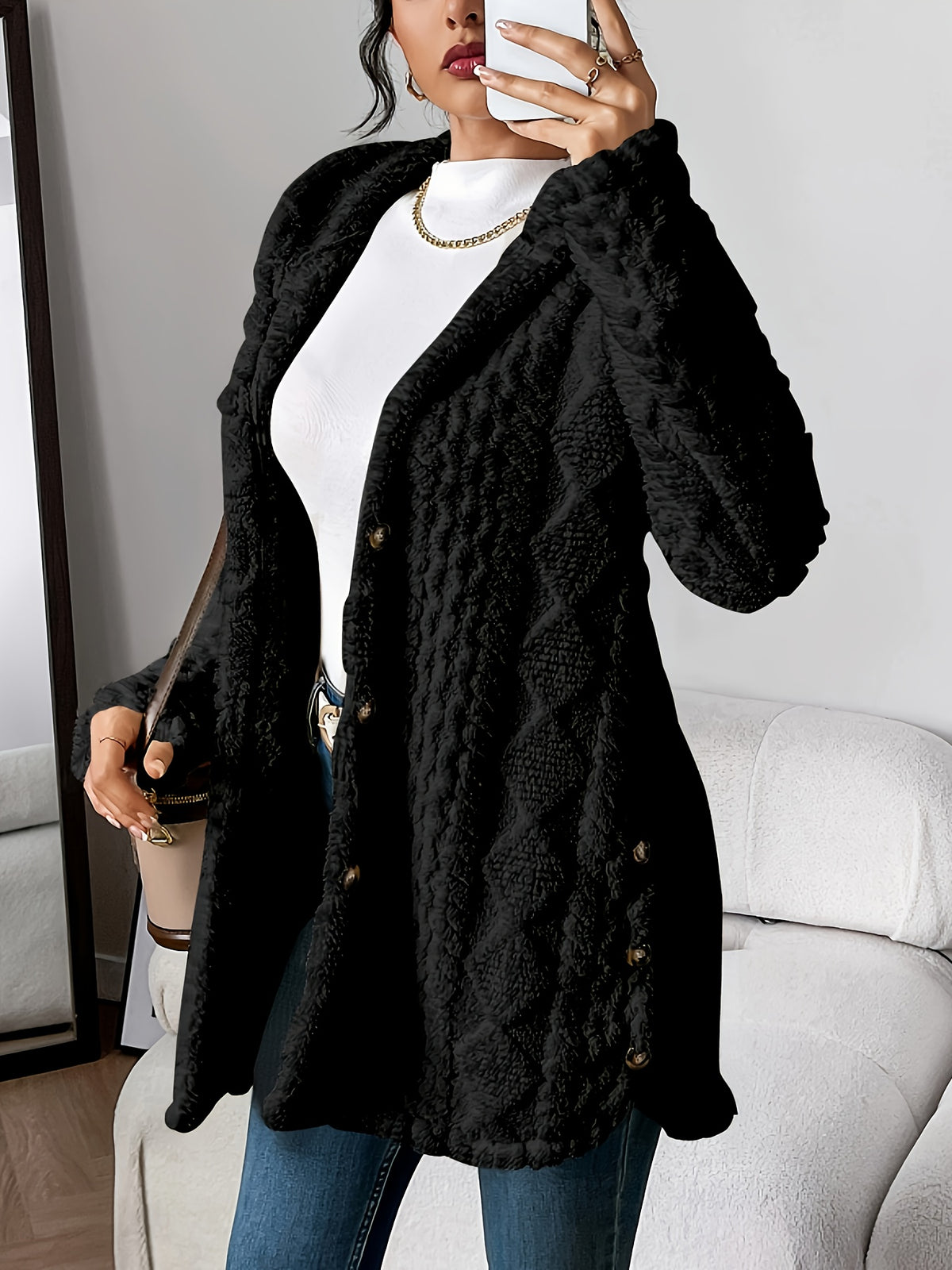 Rebecca | Women Hooded Textured Longline Button Cardigan