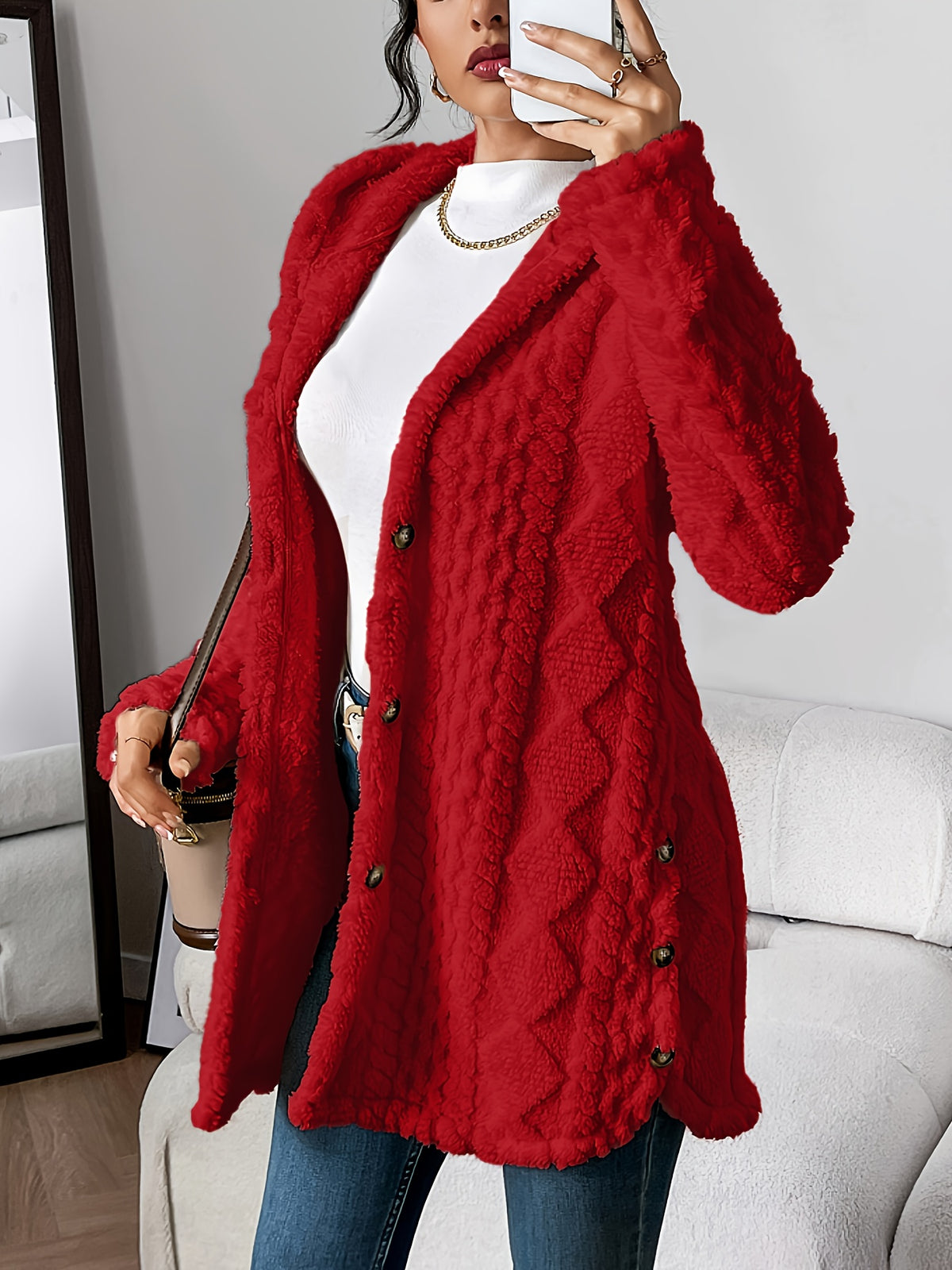 Rebecca | Women Hooded Textured Longline Button Cardigan