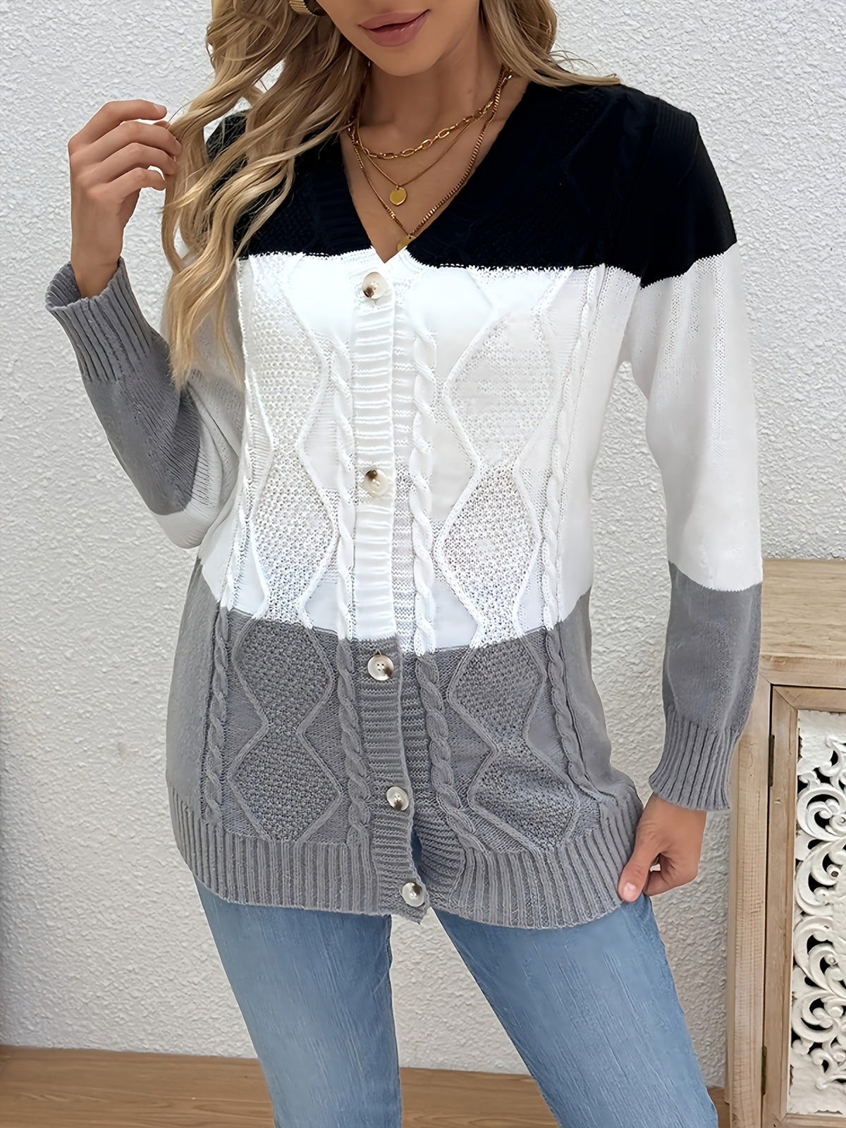 Diana | Women Color Block Button Front Textured Cardigan