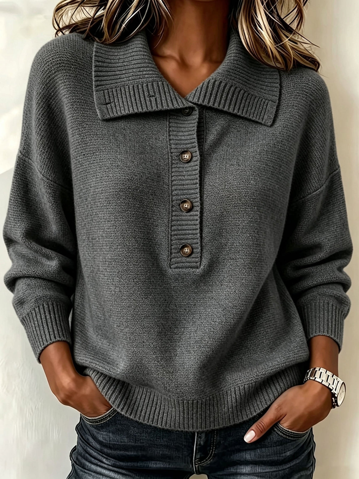 Lucinda | Wide Collar Button Neck Sweater
