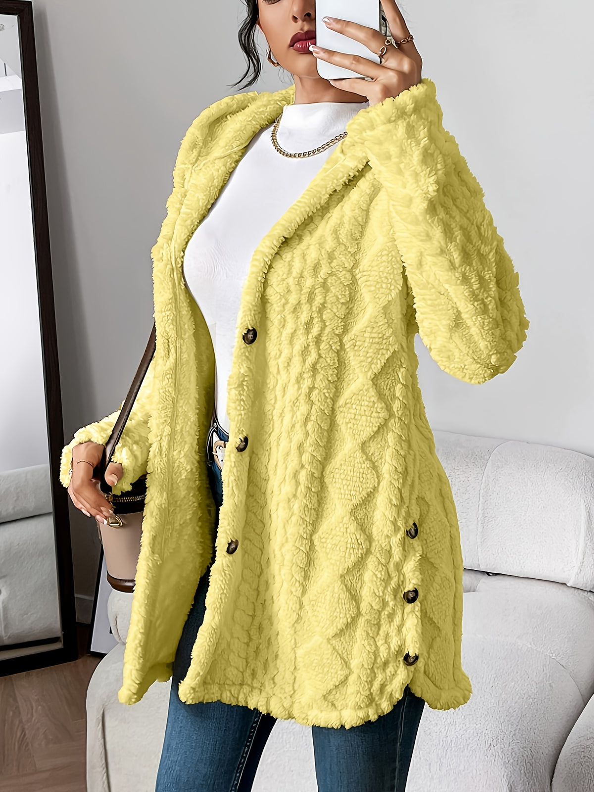 Rebecca | Women Hooded Textured Longline Button Cardigan
