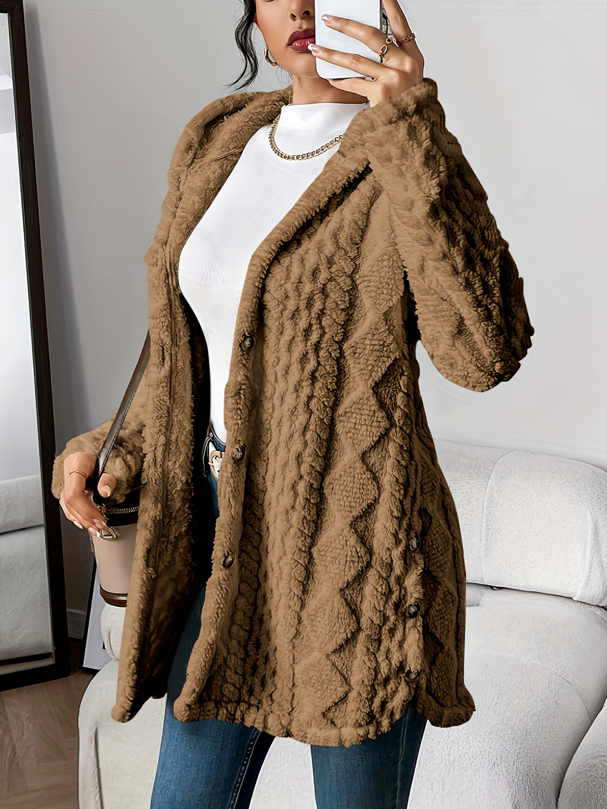 Rebecca | Women Hooded Textured Longline Button Cardigan