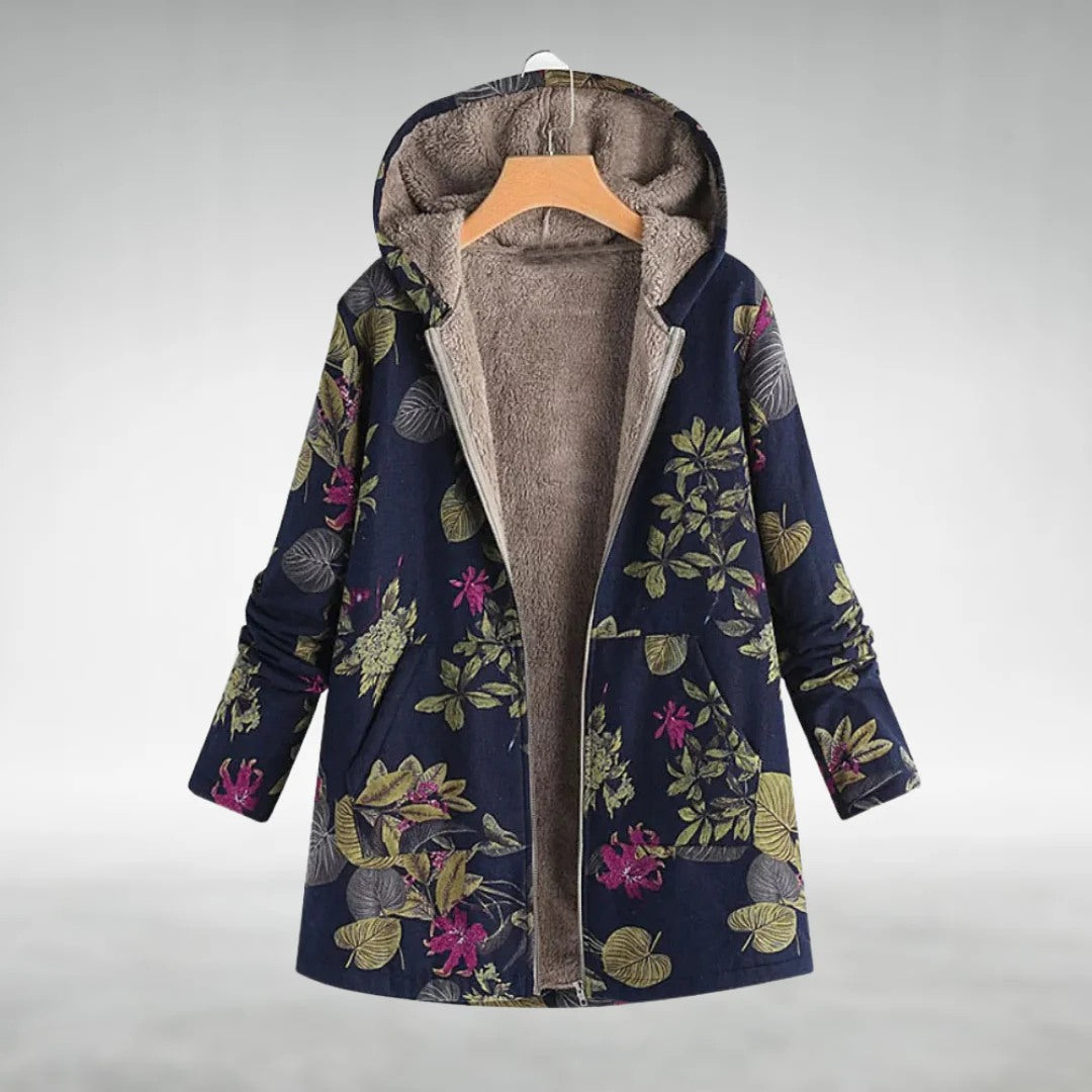Dark Blue floral hooded fleece jacket