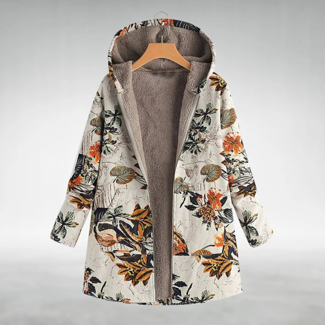 Orange floral hooded fleece jacket