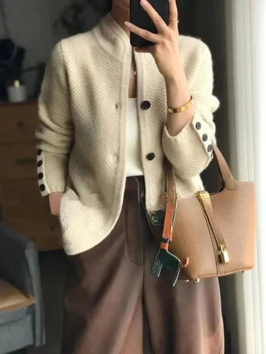 Beige button-front knit cardigan
