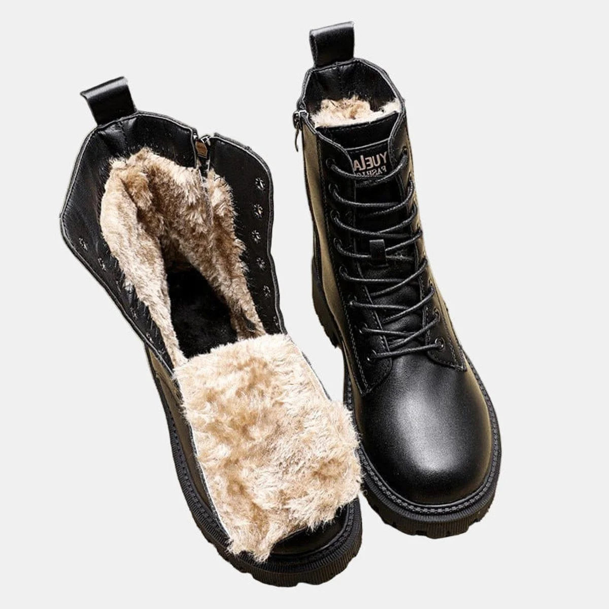 Black fleece-lined lace-up ankle boots