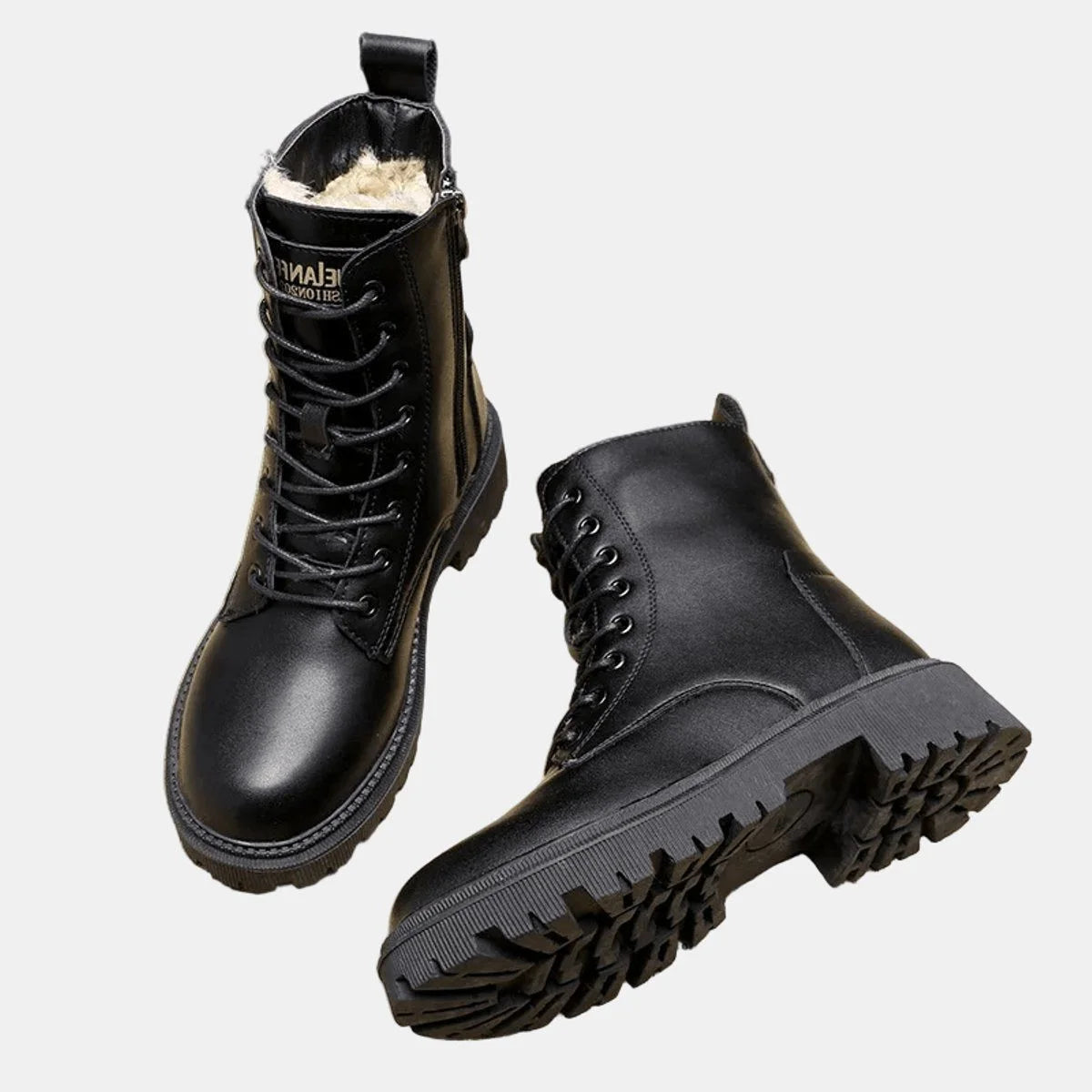 Black fleece-lined lace-up ankle boots